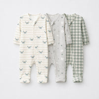 Green Crab & Gingham bamboo baby sleepsuit combo — coordinating full-sleeve two-way zip romper onesies