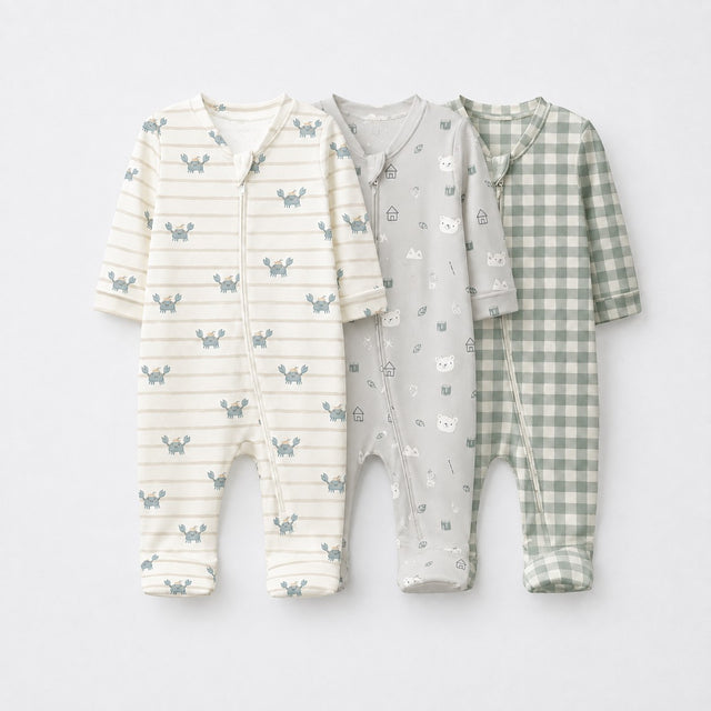 Green Crab & Gingham bamboo baby sleepsuit combo — coordinating full-sleeve two-way zip romper onesies