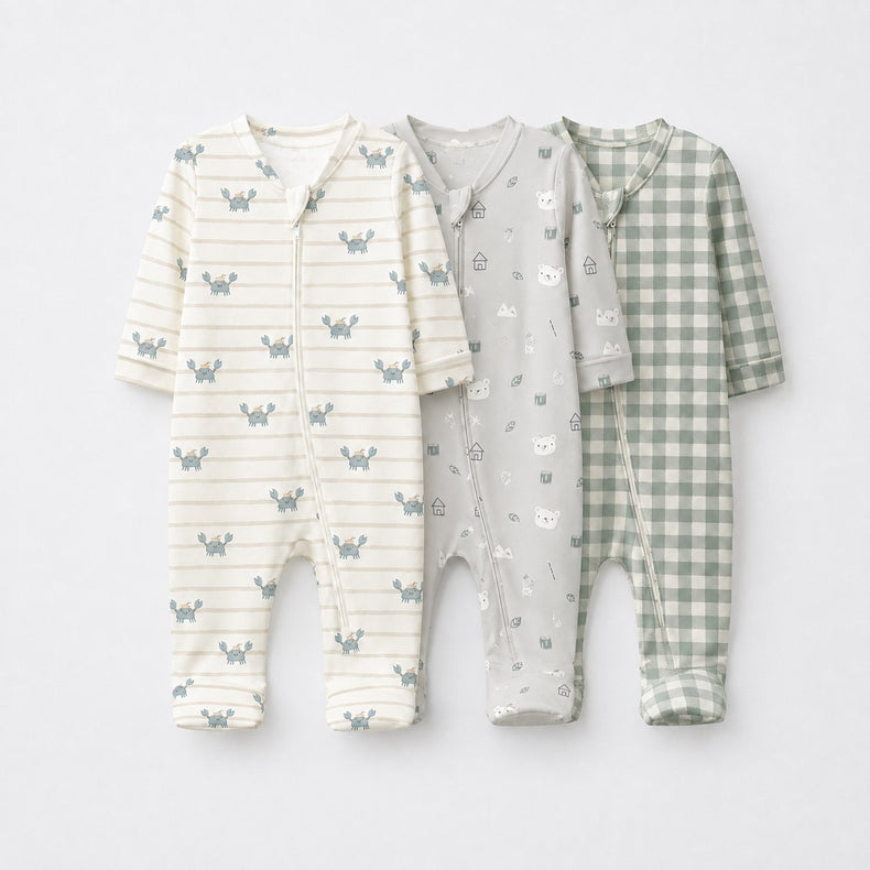 Green Crab & Gingham bamboo baby sleepsuit combo — coordinating full-sleeve two-way zip romper onesies