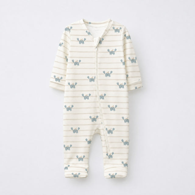 Green Crab & Gingham bamboo cotton baby sleepsuit — two-way zip romper onesie