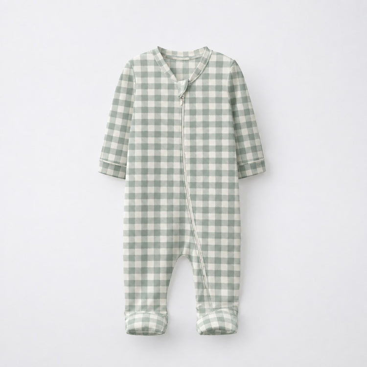 Green Crab & Gingham bamboo cotton baby sleepsuit — two-way zip romper onesie