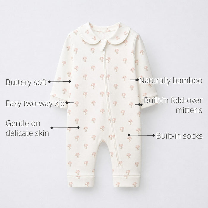 Pink Mushroom Bamboo Baby Sleepsuit – Zip Romper Onesie features