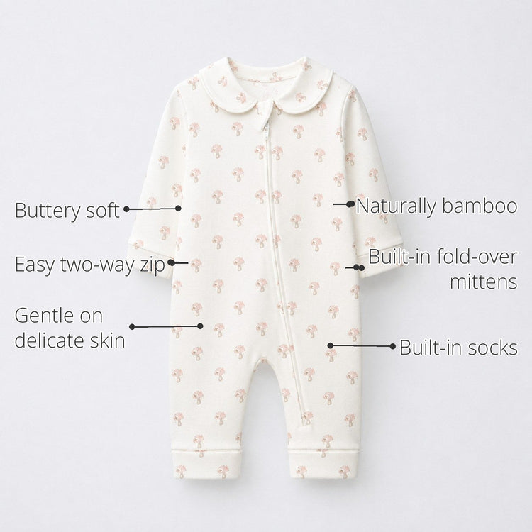 Pink Mushroom Bamboo Baby Sleepsuit – Zip Romper Onesie features