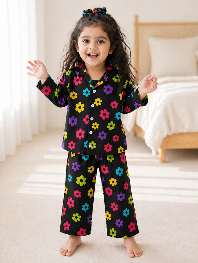 Girl wearing Anaario Groovy Bloom Night Suit