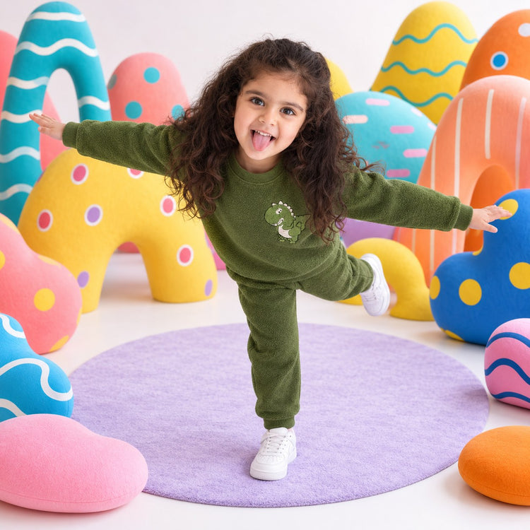 Olive Green Dino Fleece Set on child by Anaario – winter fleecewear