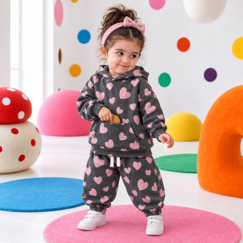 Pink & Grey Hearts Hooded Jogger Set on girl by Anaario – winter kidswear