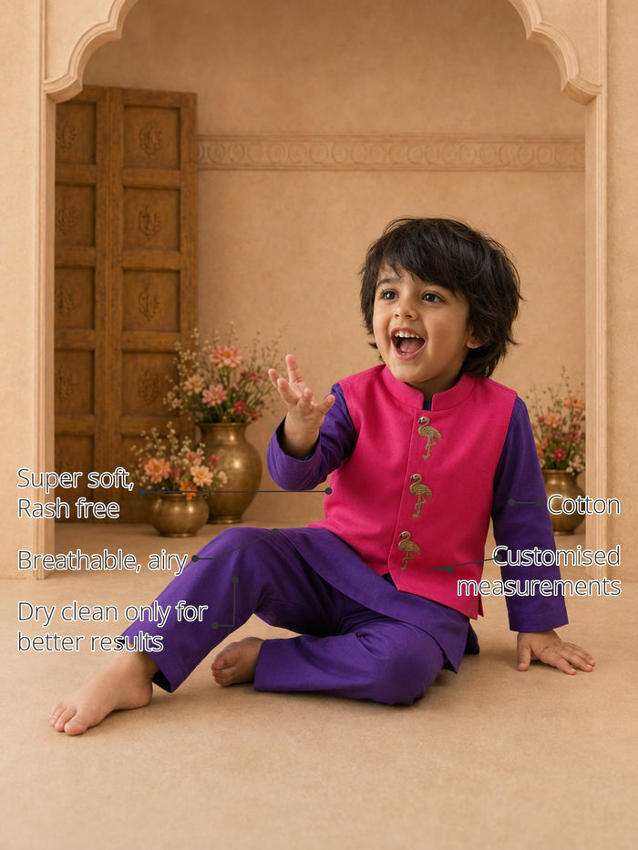 Purple Flamingo-Motif Boys' Waistcoat Set (Pink Waistcoat) features