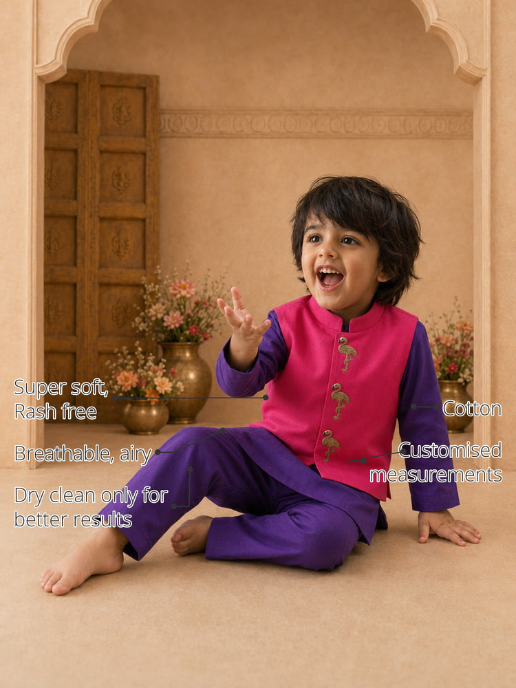 Purple Flamingo-Motif Boys' Waistcoat Set (Pink Waistcoat) features