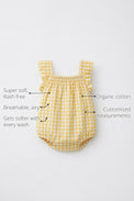 Yellow Gingham Shoulder Frill Baby Romper features