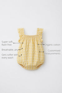 Yellow Gingham Shoulder Frill Baby Romper features