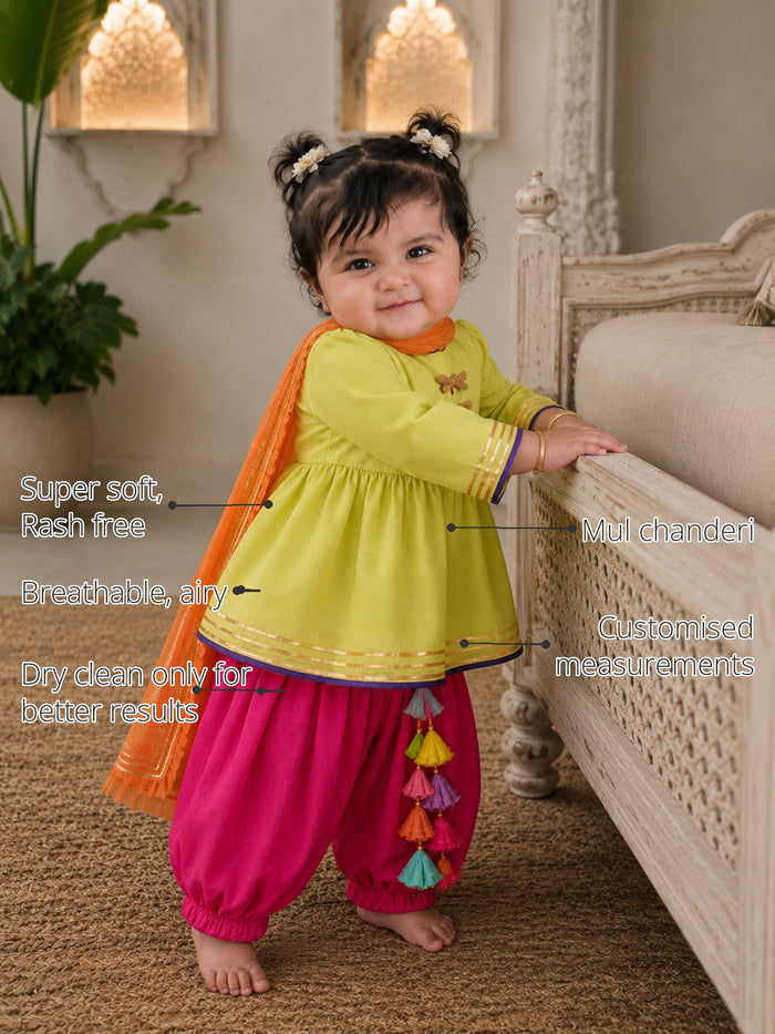 Lime Green Dragonfly Baby Patiala Salwar Set features