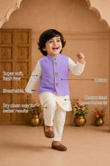 Beige Palm-Motif Boys' Waistcoat Set (Lilac Waistcoat) features