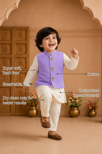 Beige Palm-Motif Boys' Waistcoat Set (Lilac Waistcoat) features