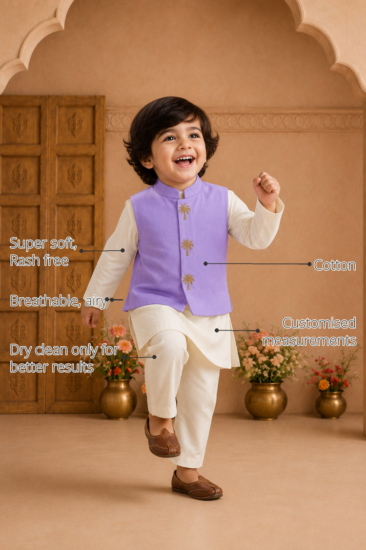 Beige Palm-Motif Boys' Waistcoat Set (Lilac Waistcoat) features