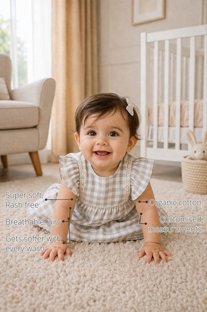 Grey Gingham Lace Frill Baby Romper features