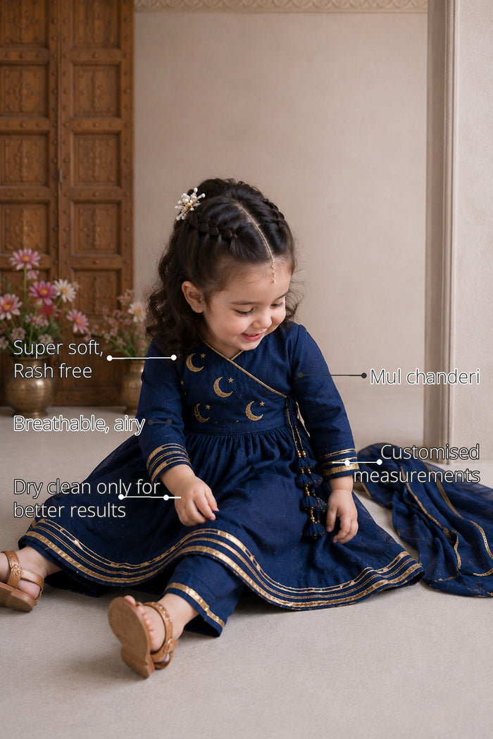 Navy Blue Moon-Star Girls' Angrakha Set features