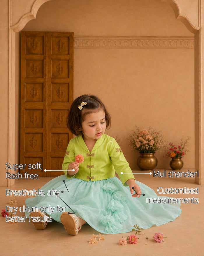 Lime Green Dragonfly Girls' Jacket-Lehenga Set features