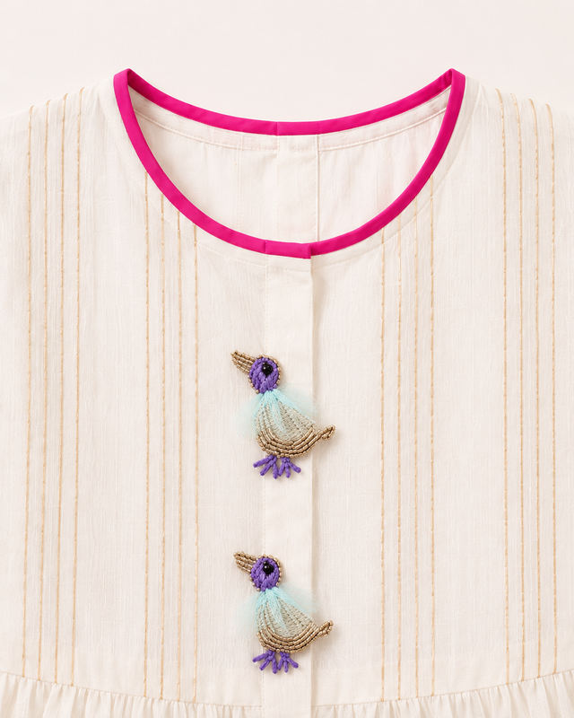 Anaario Ivory Bird Patiala Salwar Set, close-up of embroidered bird button closures