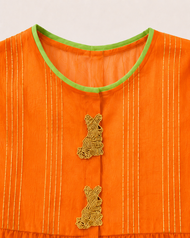 Anaario Orange Pintuck Patiala Salwar Set, close-up of embroidered button detailing