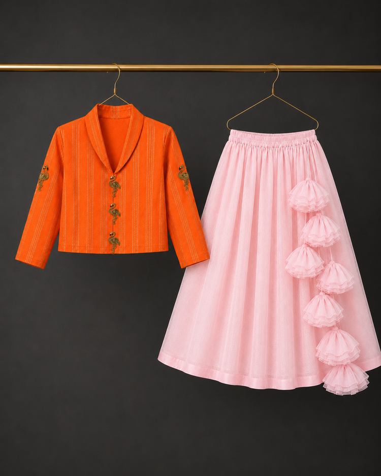 Indian Orange Flamingo Jacket-Skirt Set - Anaario - Image 2