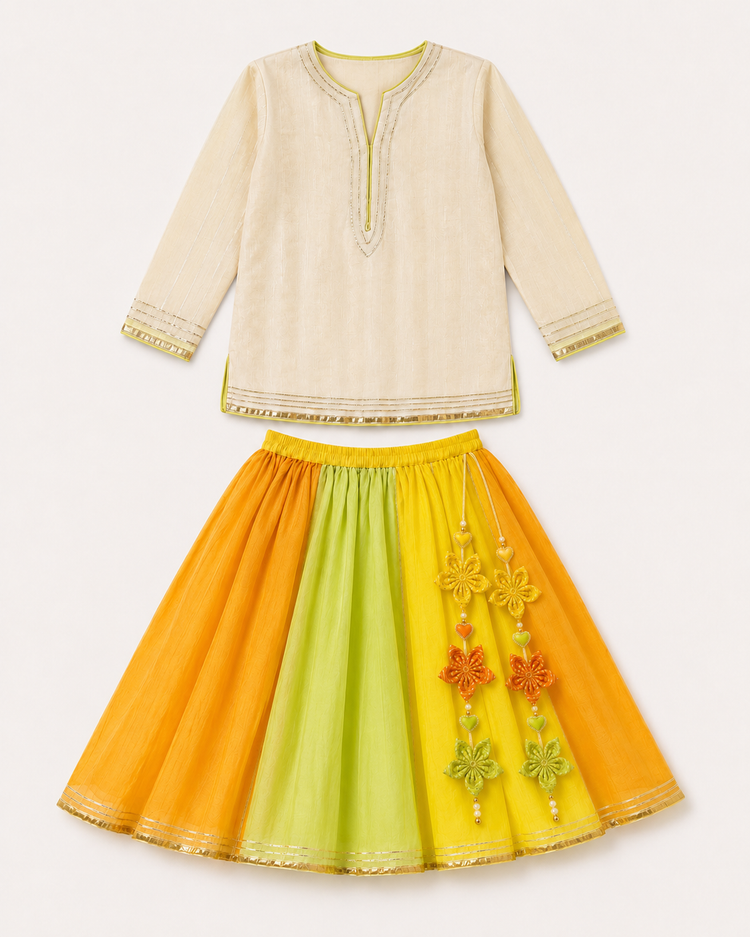 Indian Orange Green Yellow Lehenga Set - Anaario - Image 3
