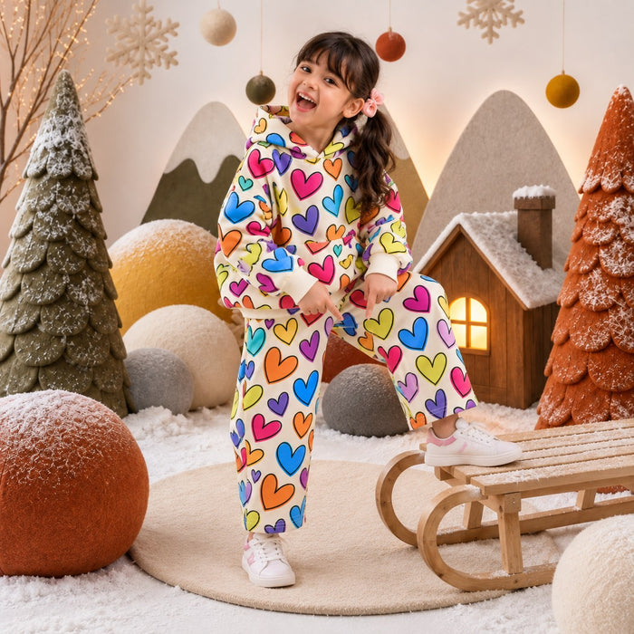 Multi Hearts Hooded Barrel Pant Set on girl by Anaario – winter kidswear