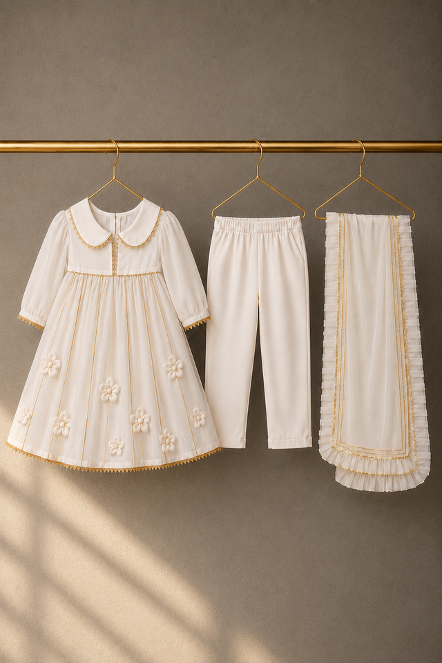 Girl wearing Anaario Ivory Anarkali Set