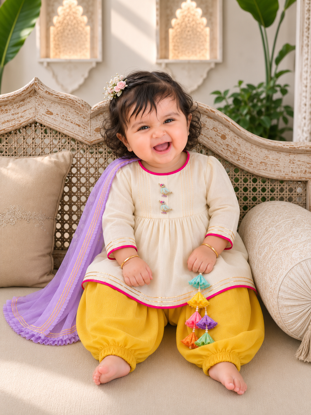 Ivory peplum kurta with bird buttons, mustard yellow salwar pants and lilac dupatta for baby girl