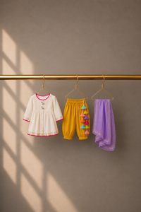 Anaario Ivory Bird Patiala Salwar Set, ivory kurta, mustard salwar and lilac dupatta on hangers
