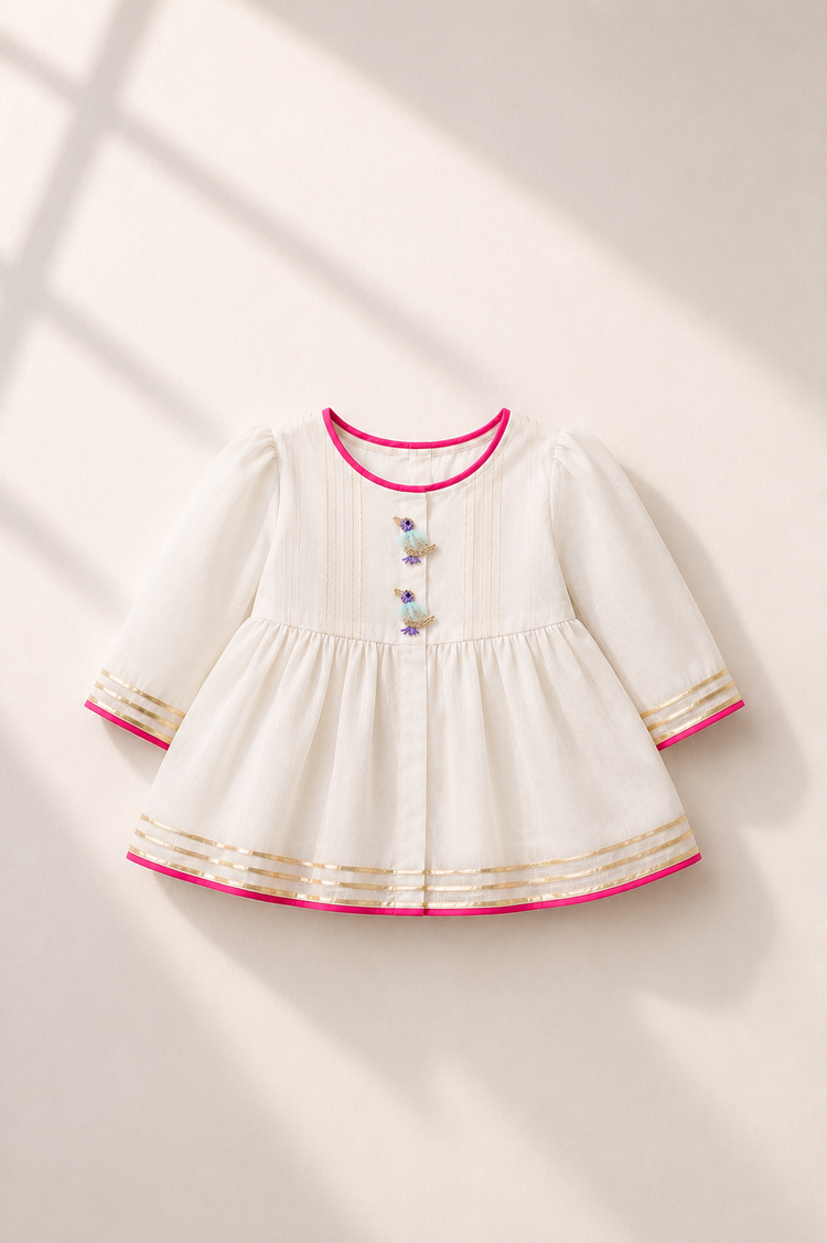 Anaario Ivory Bird Patiala Salwar Set, ivory kurta flat lay with bird button closures