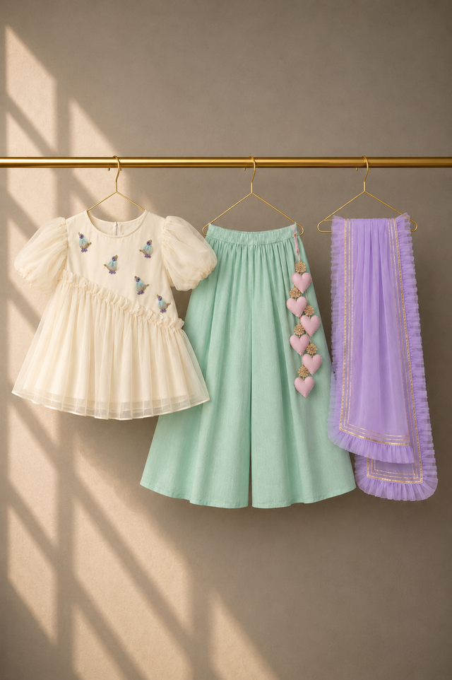 Girl wearing Anaario Ivory Bird Peplum Palazzo Set