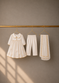 Anaario Ivory Floral Anarkali Set, ivory dress pants and dupatta on hangers