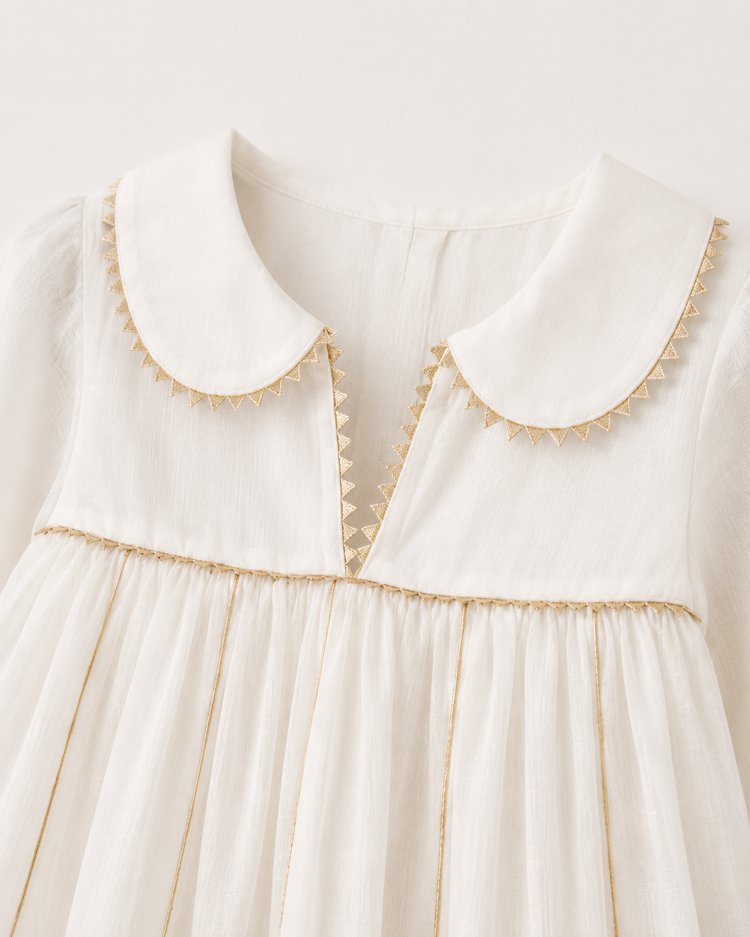 Anaario Ivory Floral Anarkali Set, close up of peter-pan collar with gold rickrack trim