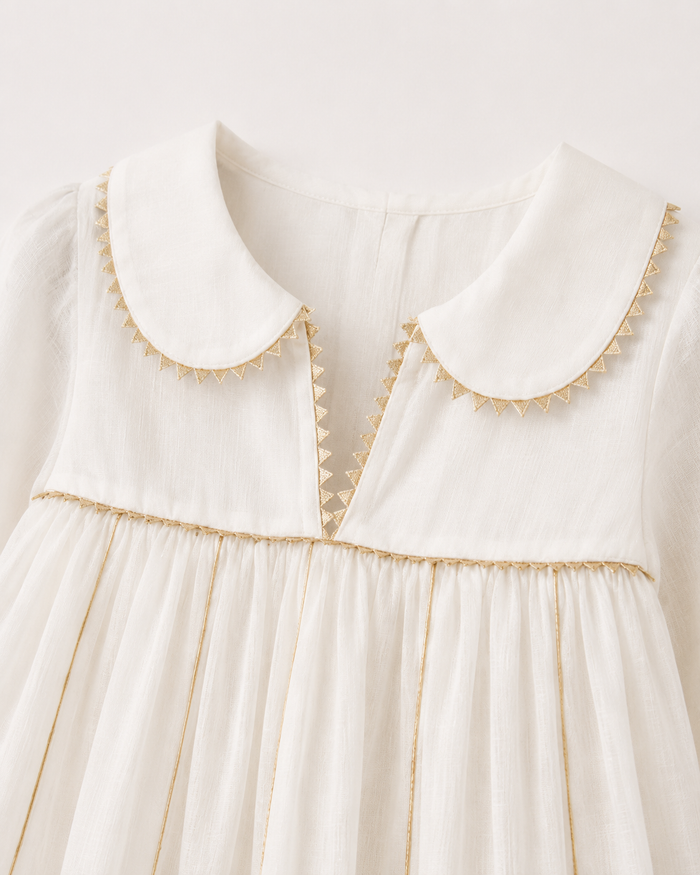 Anaario Ivory Floral Anarkali Set, close up of peter-pan collar with gold rickrack trim