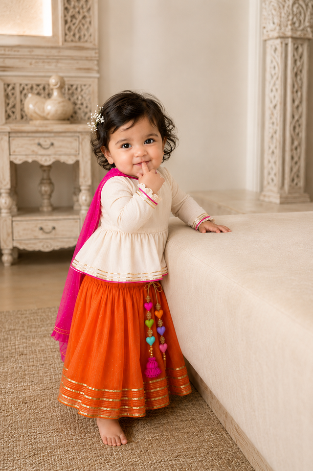 Ivory peplum kurta with orange flared skirt and hot pink dupatta with heart tassels for baby girl