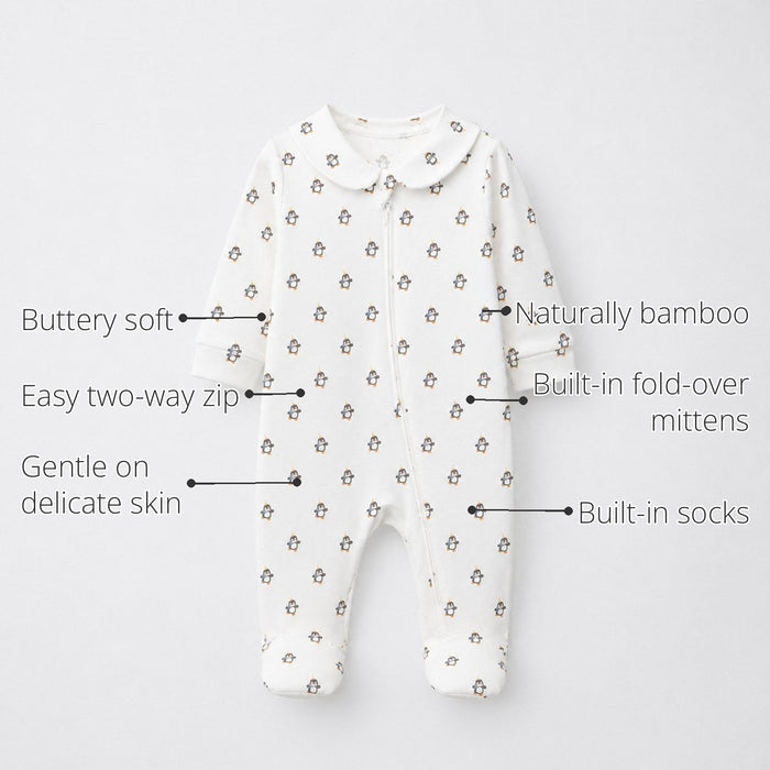 Penguin Bamboo Baby Sleepsuit – Zip Romper Onesie features