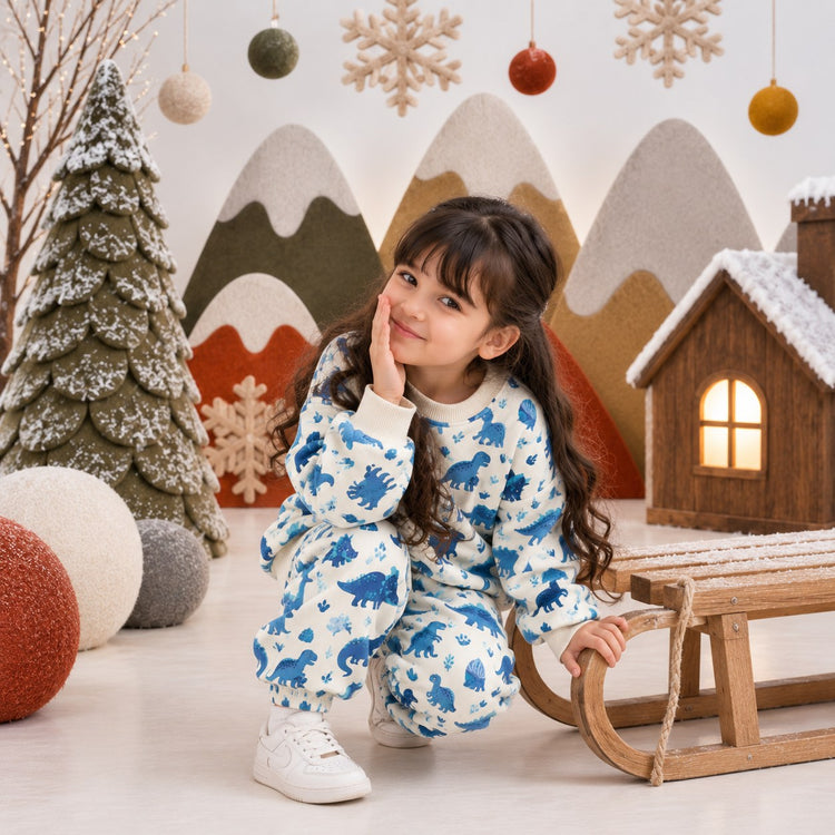 Blue Dinosaur Jogger Set on girl by Anaario – winter kidswear