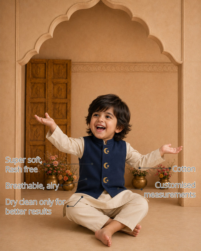 Beige Moon-Star Boys' Waistcoat Set (Navy Waistcoat) features
