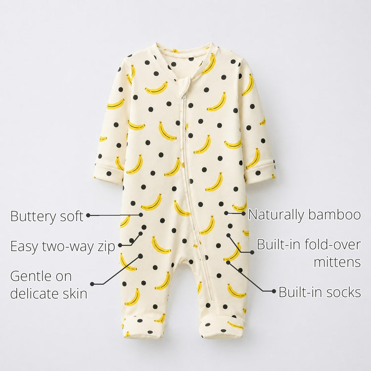 Banana Bamboo Baby Sleepsuit – Zip Romper Onesie features