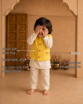 Beige Moon-Star Boys' Waistcoat Set (Yellow Waistcoat) features