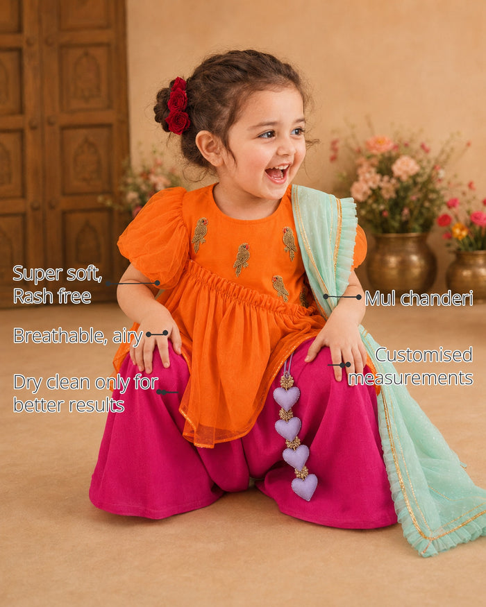 Orange Parrot Peplum Girls' Palazzo Set features