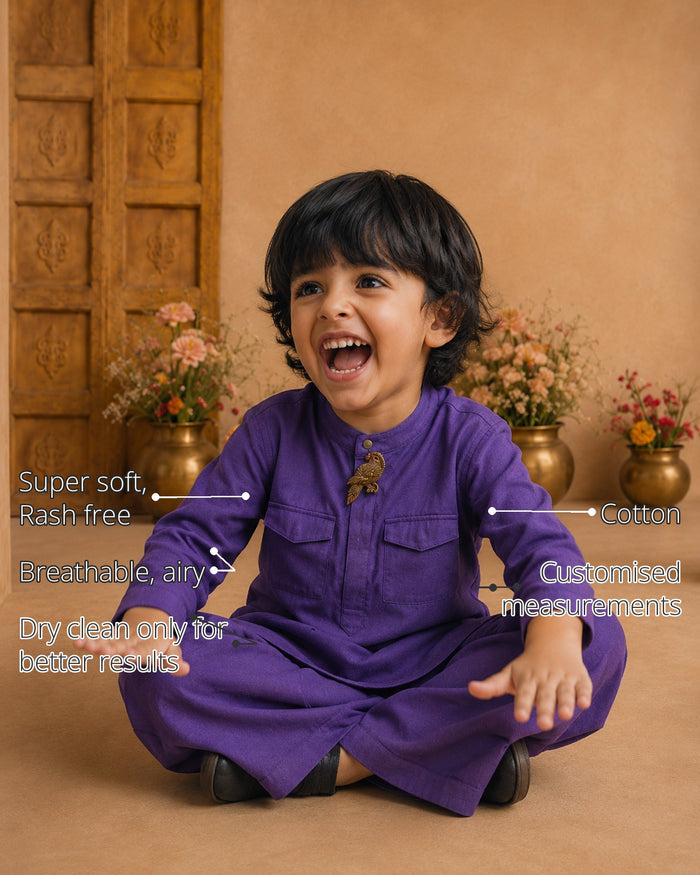 Purple Parrot-Motif Boys' Kurta Set features