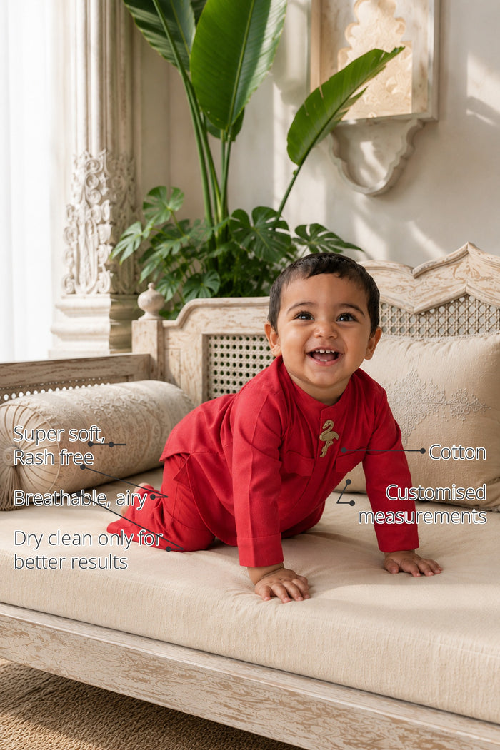 Red Flamingo-Motif Oversized Baby Kurta Set features