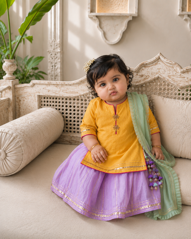 Girl wearing Anaario Light Orange Lilac Lehenga Set, second pose