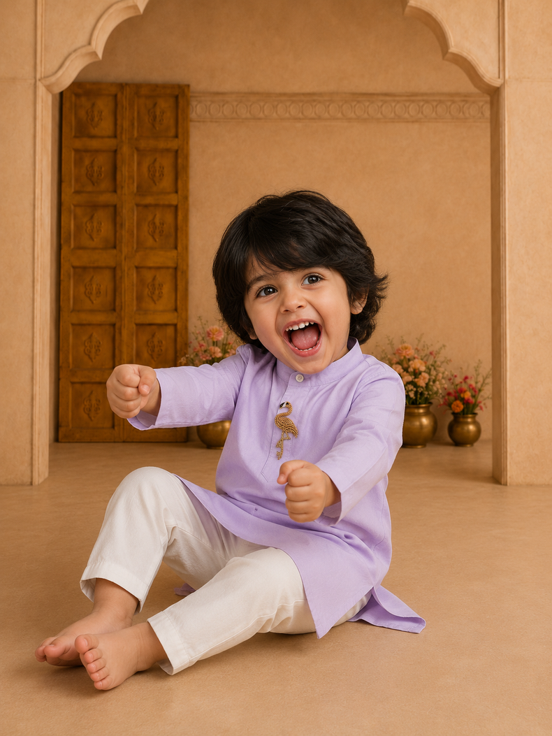 Lilac flamingo-motif asymmetrical kurta by Anaario - pose 1