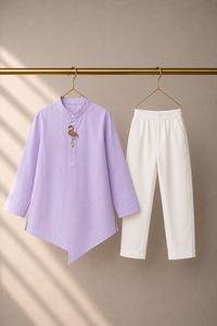Lilac flamingo-motif asymmetrical kurta by Anaario - pose 2