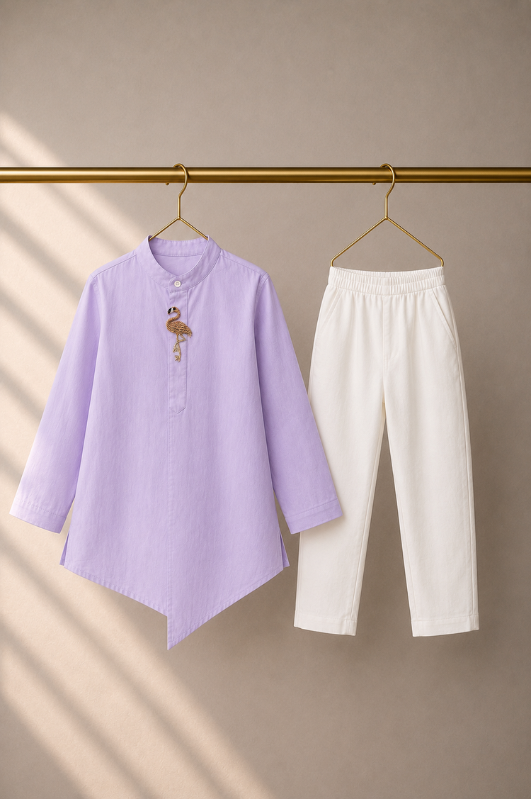 Lilac flamingo-motif asymmetrical kurta by Anaario - pose 2