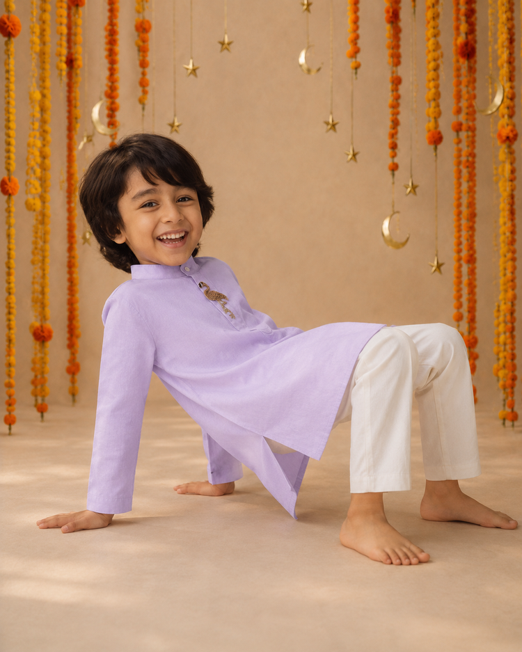 Lilac flamingo-motif asymmetrical kurta by Anaario - detail