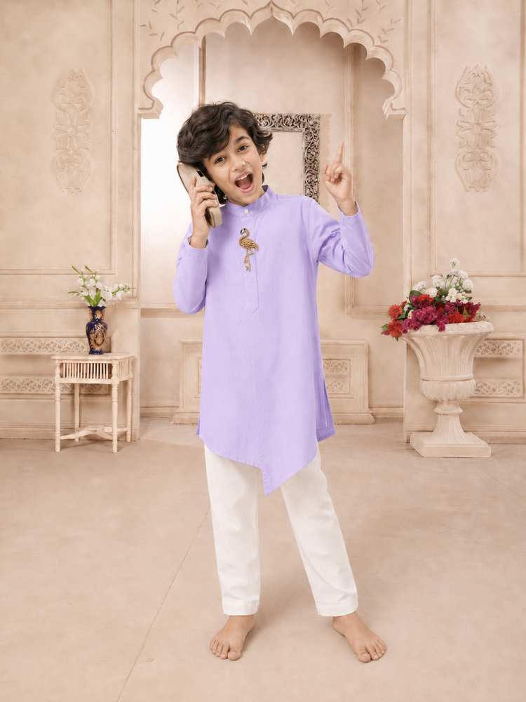Lilac flamingo-motif asymmetrical kurta by Anaario - full look