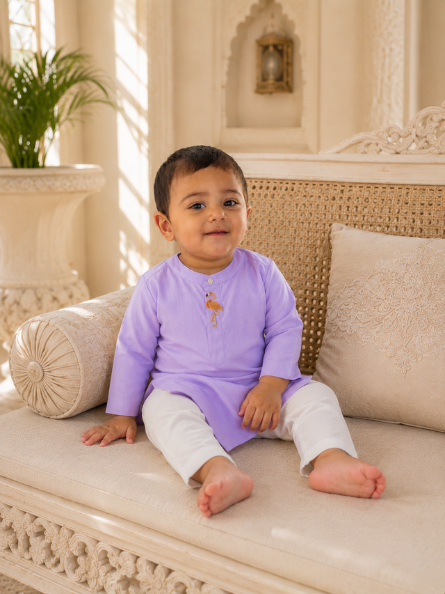 Baby wearing Anaario Lilac Flamingo-Motif Baby Kurta Set, lilac kurta with pink flamingo-embroidered jacket, newborn to 24 months